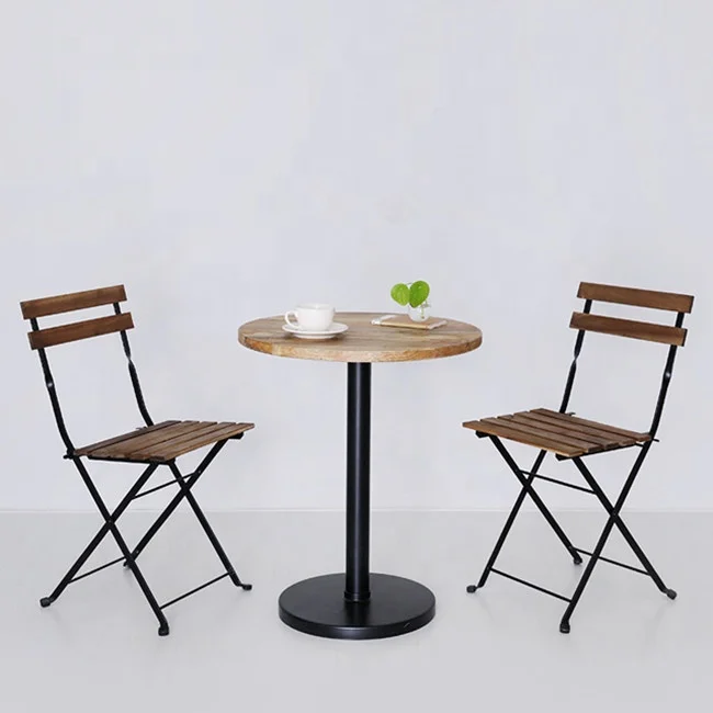 outdoor garden use acacia wood top metal frame folding table and chair set with square or round shape