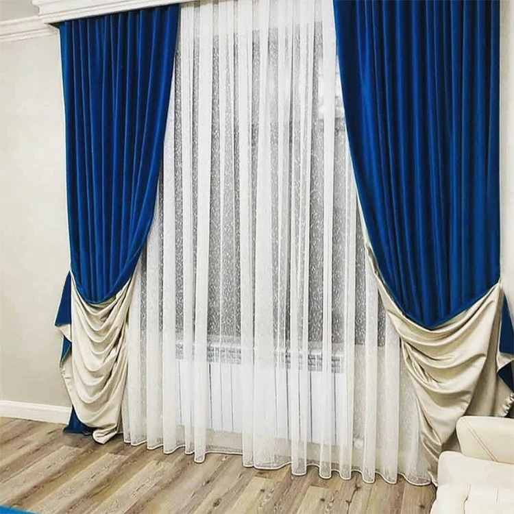 Window Gauze Double Shading Luxury Living Room Lace Dubai Hotel Castle Pinch Pleat Royal Blue Blackout Curtain With Sheer