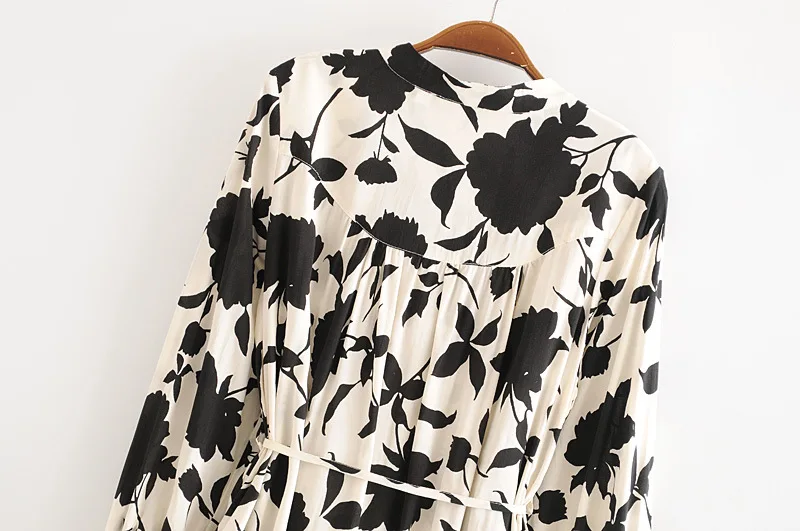 Summer New Women Casual Rayon Cotton Blouse Lady Holiday Style Floral printed Sashes Lace up Slim Loose Button Long Shirt Tops