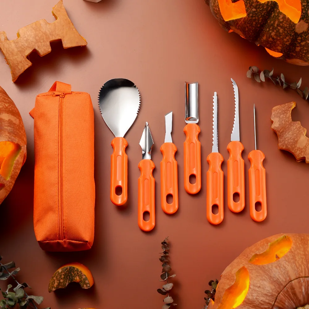 Top Seller 7PCS Premium Quality Metal Halloween Pumpkin Carving Kits Wholesale Set for Fruit and Vegetable Made with Plastic