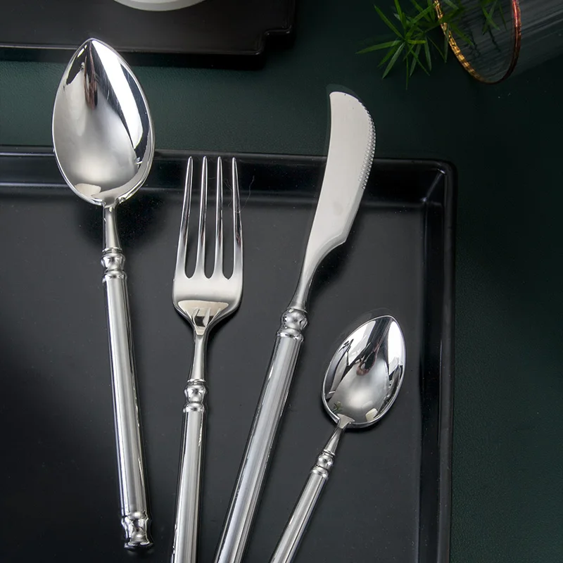 Vintage Scandinavian Knife Spoon and Fork Cutlery Stainless Steel Western Steak Round Handle Flatware Set