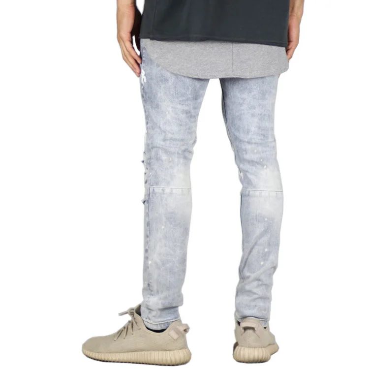 New Men Slim fit Slim pencil pants High elasticity Biker jeans Hole Cat claw destroyed Spray paint Leisure trousers