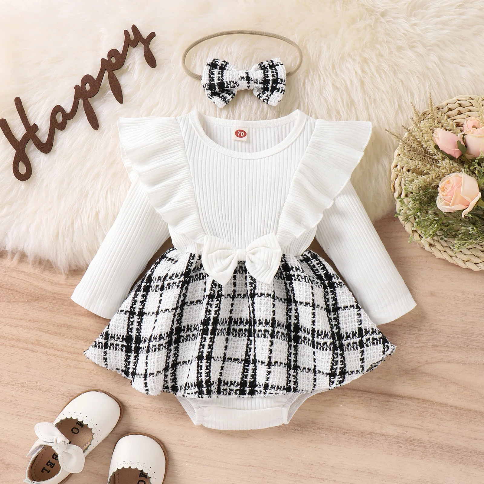 Newborn Baby Girls Clothes Spring Fall Bodysuit Ribbed Skirt Romper Floral Dress with Bow M3622