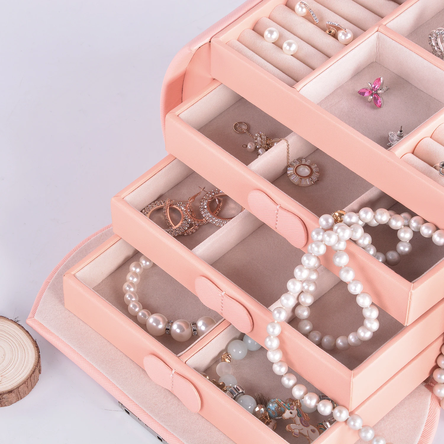 Medium Size Luxurious Square Pink Faux Leather Jewelry Box PC Material Beauty Organizer for Women with Custom Logo