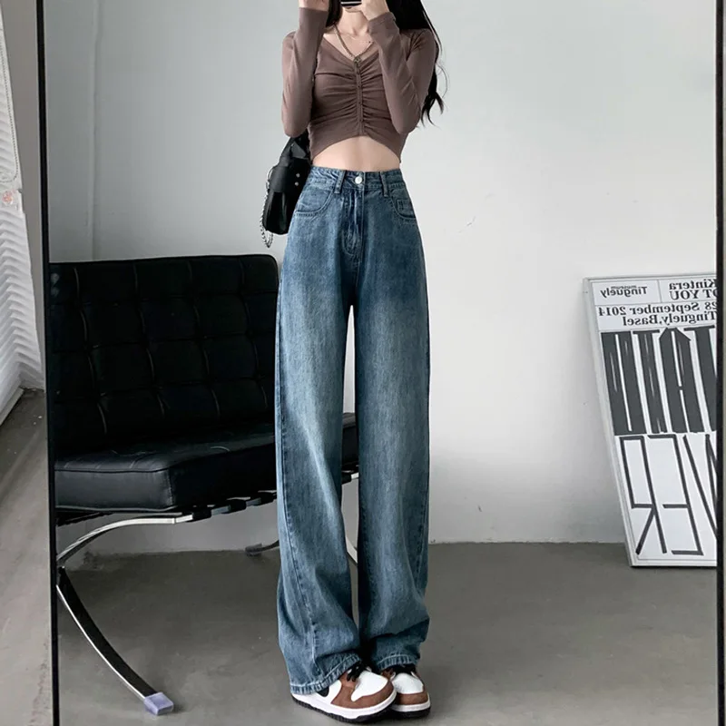 High Waist Jeans Fashion Women Clothing Blue Black Straight Leg Denim Pants Trousers Mom Jean Baggy Trousers Tall