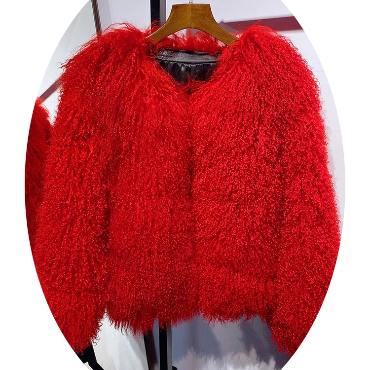 Womens clothing custom manufacturing blue long sleeves mongolian sheep fur coats