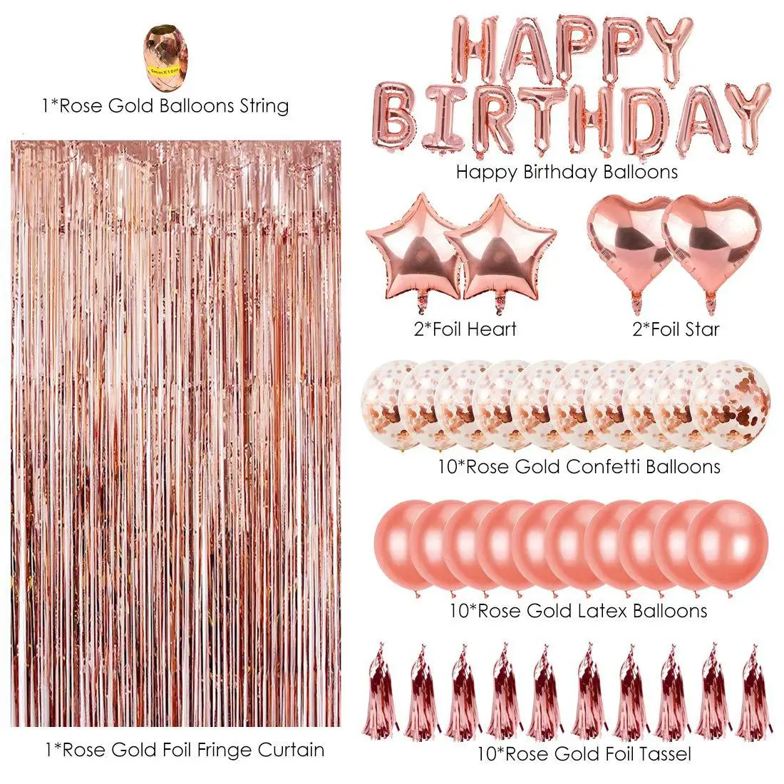 Happy birthday rain silk tassel curtain set rose gold birthday decoration balloon