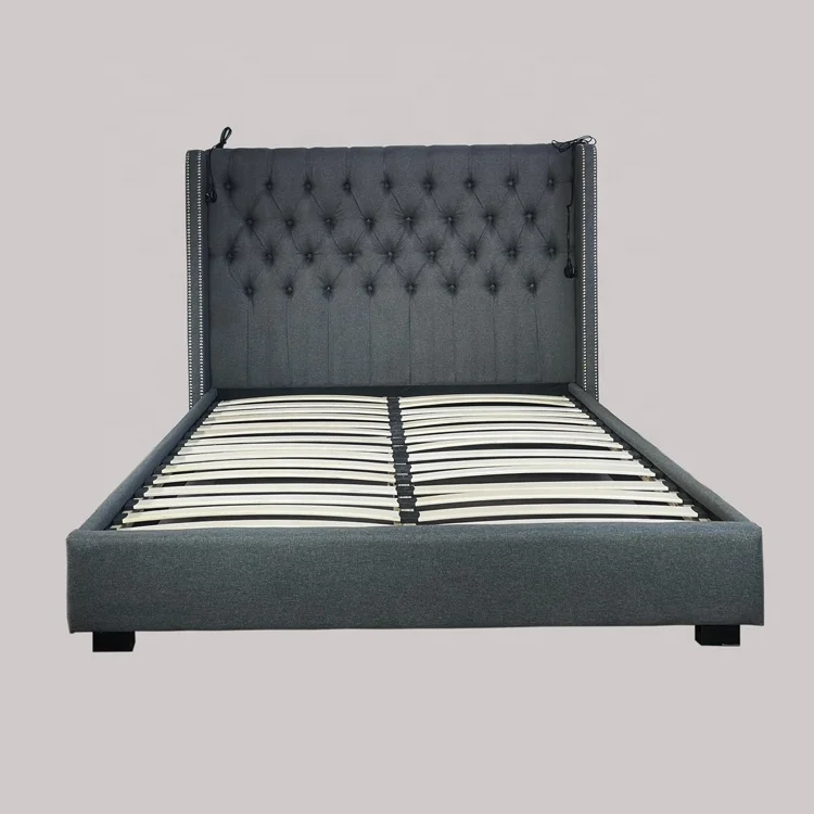 Stylish Classic Latest Design Upholstered Bed Soft Bed Fabric Bed with Headboard Bedroom Furniture USB