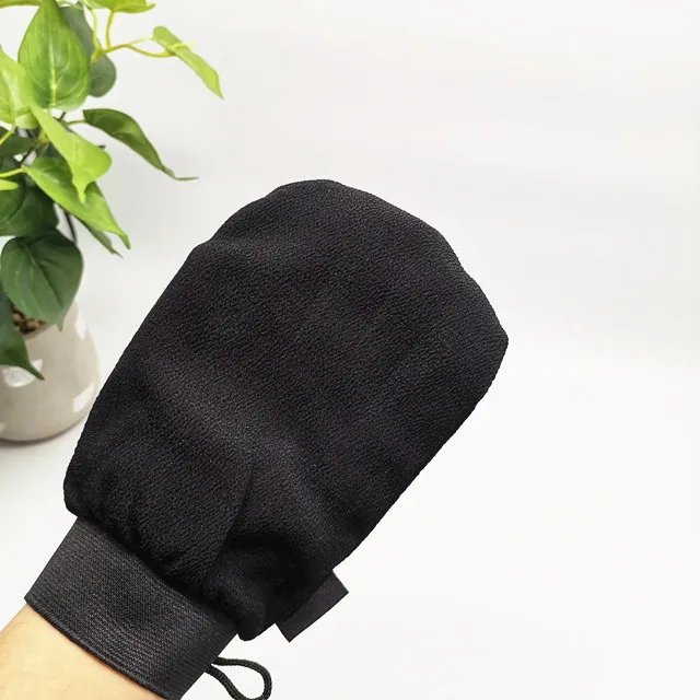 LUMI Low MOQ 100pcs customize Logo Black color Bath mitts 150D rayon exfoliating Mitts