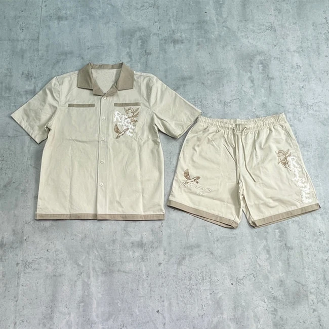 Mens Jacket T Shirt And Shorts Summer Clothing Custom Chenille Embroidery Lapel Button Shirt Two Piece Tracksuit Set For Men