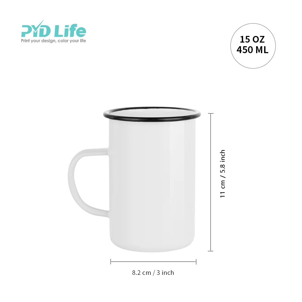 PYD Life Newest 15oz 450ml White Tall Skinny Metal Steel Camping Sublimation Enamel Mug with Black Rim
