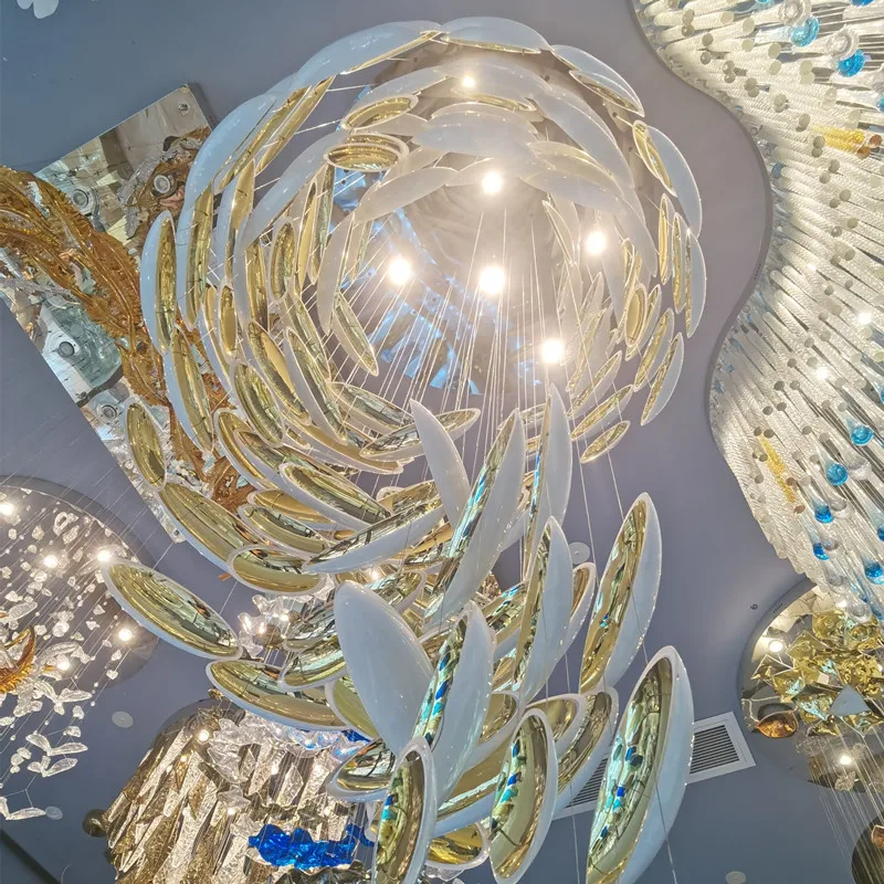 Hitecdad Hotel Lobby Engineering Project Contemporary Customized Fish Shape Big Glass Chandelier Hanging Lamp Pendant Lights