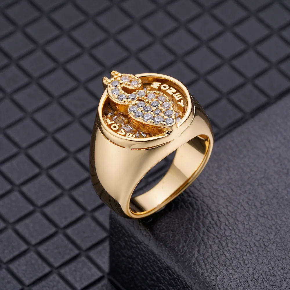 High Quality Hip Hop Custom Jewelry Signet 9k 10k 14k 18k Gold Plated Brass Signet Love Money Dollar Ring