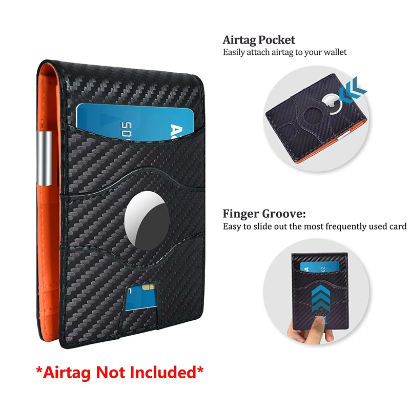 Black & Orange Carbon Fiber Minimalist RFID Blocking Wallet AirTag Slim Bifold Wallets Credit Card Holder with Money Clip