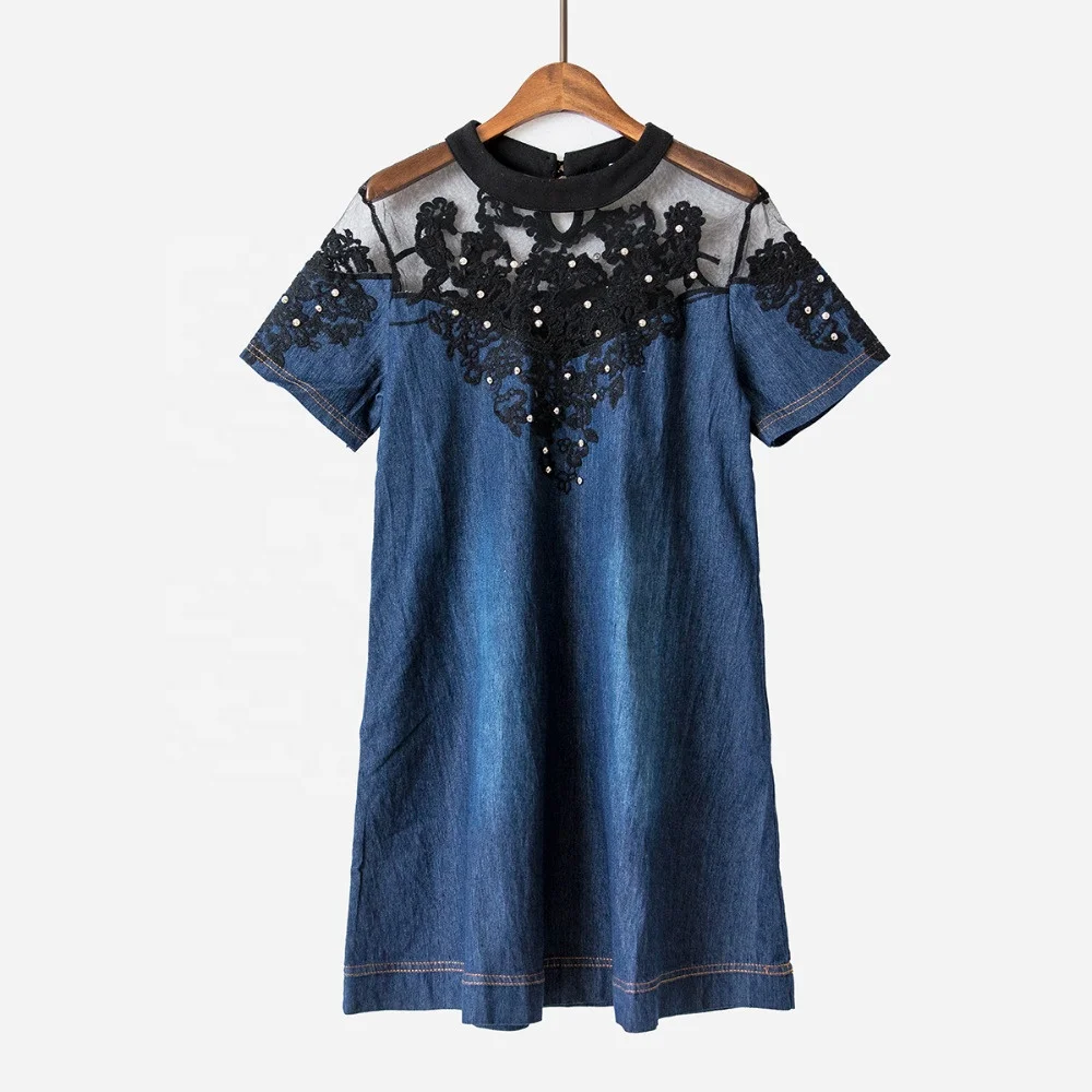 Plus Size S-4XL Embroidery Patchwork Lace Denim Dress Women Short Sleeve A-line Jeans Dresses D9N101B