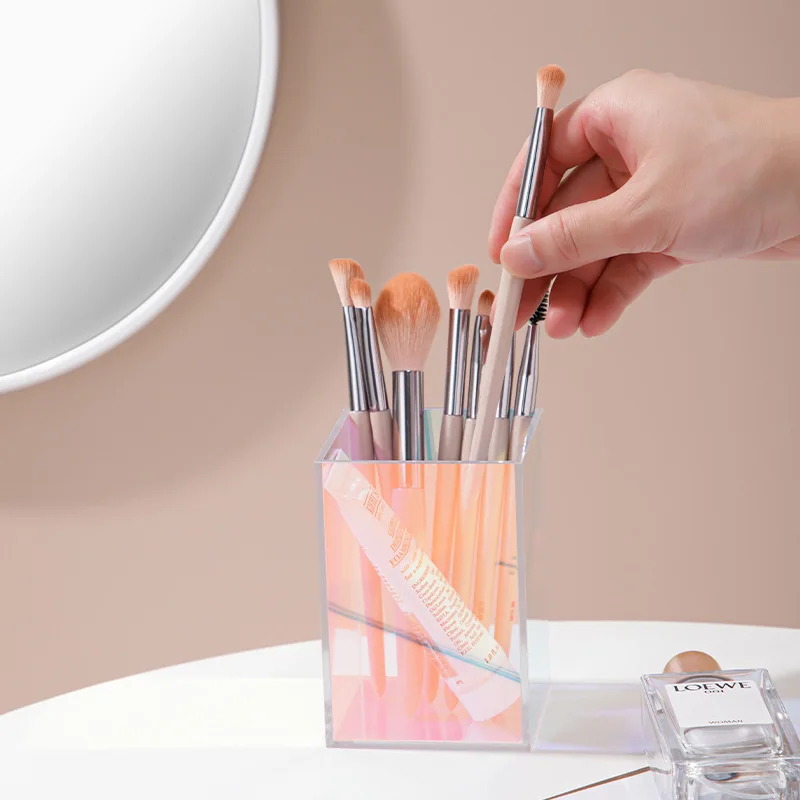 Custom Rainbow Acrylic Makeup Brush Organizer Iridescent Acrylic Storage Box Acrylic Pen Holder