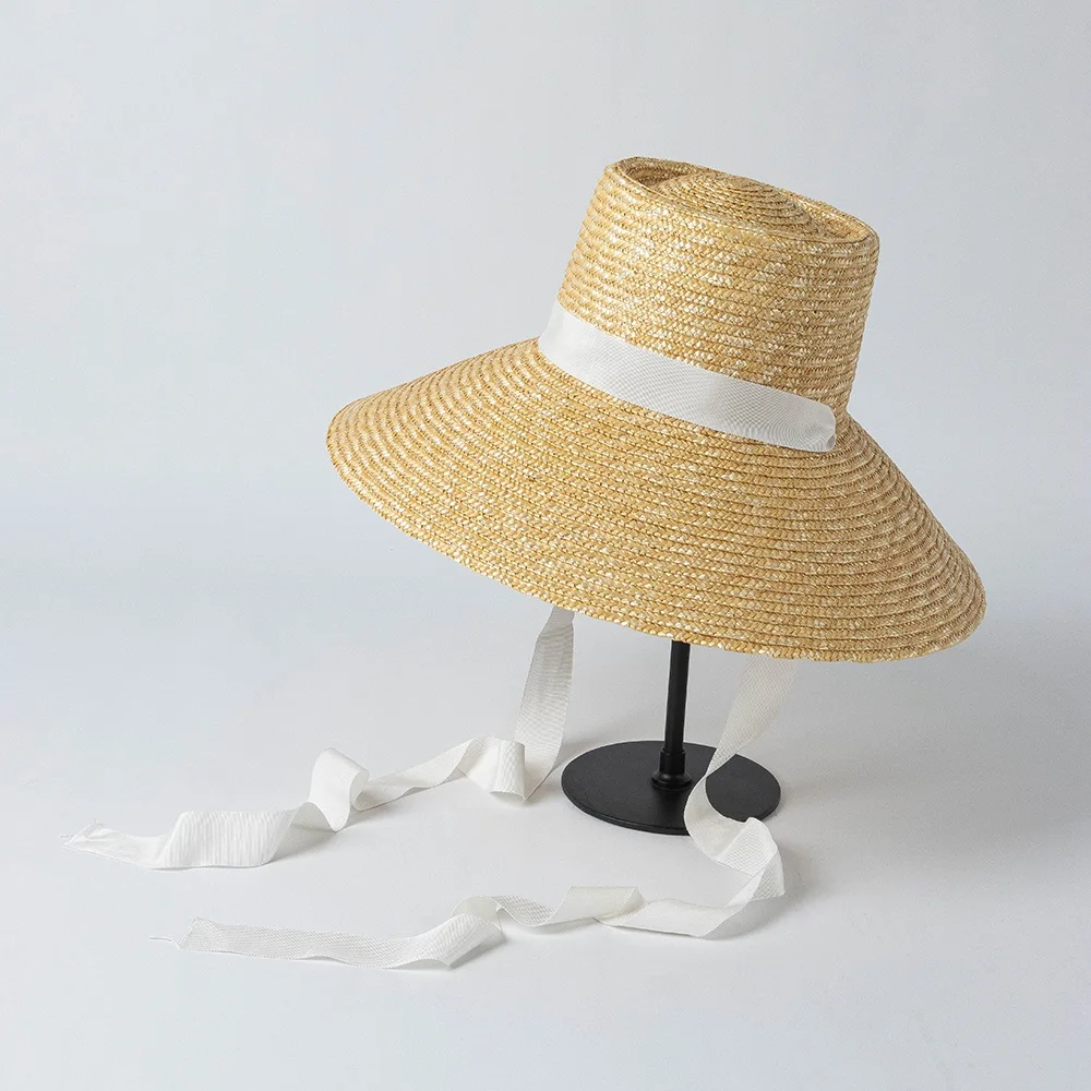 100% Natural Straw Extra Wide Brim Hat With Ribbon Tie Summer Sun Hat Custom Logo OEM Available