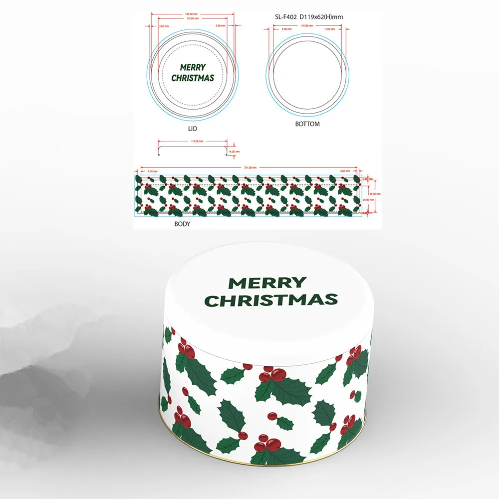 Luckytin Factory Custom Tinplate Packing Round Metal Box Container Cake Cookie Tea Candle Tin For Christmas