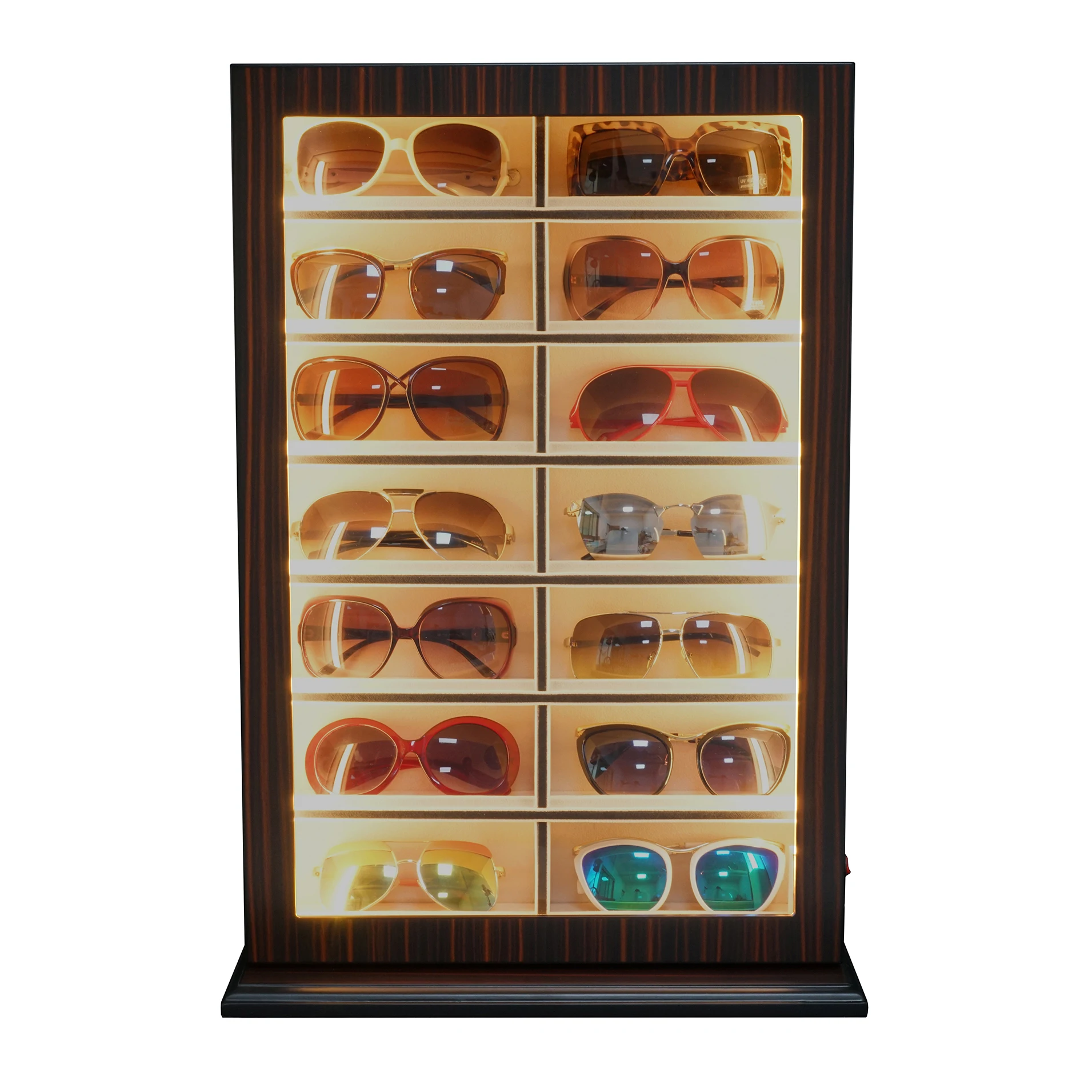 Sonny Custom Luxury LED 14 Slots Wooden Eyeglasses Display Eyewear Organizer Spectacles Collection Sunglasses Storage Box