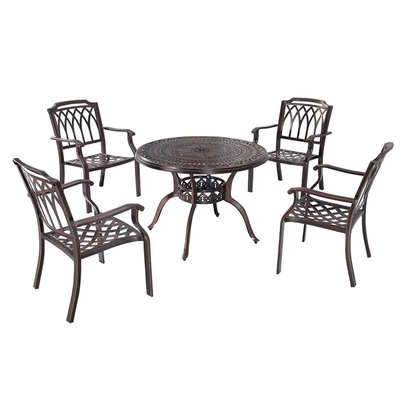 5 Piece Balcony Patio Dining Set Furniture Outdoor Garden Cast Aluminum Round Table and 4 Seater Chairs for Sale