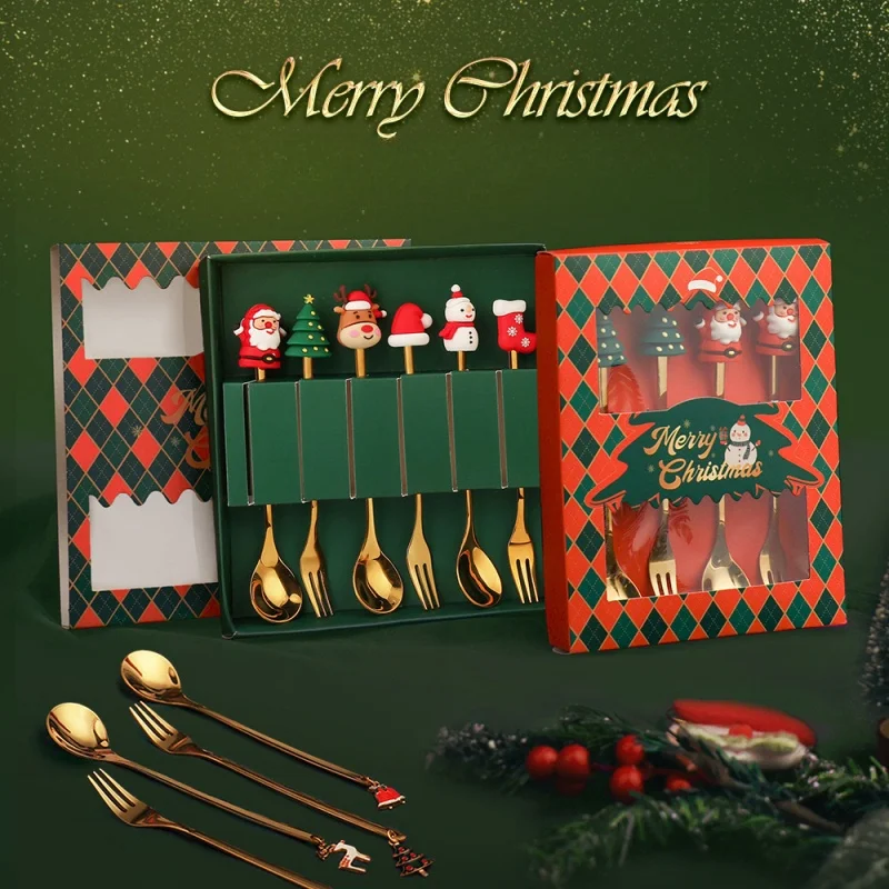 2024 Hot Sale Christmas Elements Dessert Beverage Spoon and Fork Cutlery Set Christmas Stainless Steel Flatware Cutlery Set