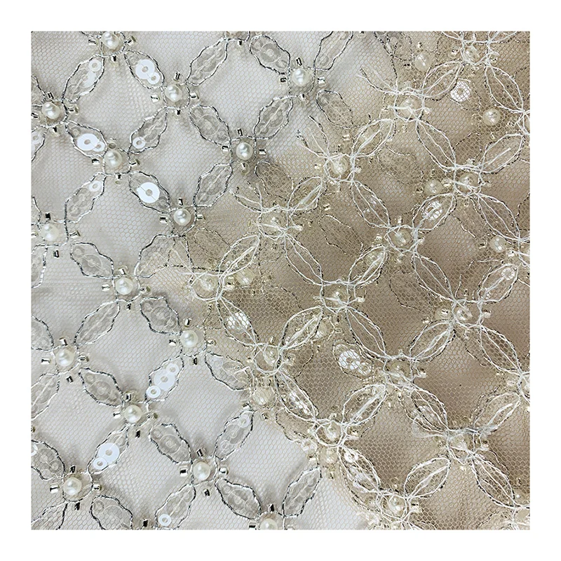 China Manufactory embroidered pearls fabric Net cloth bead pipe embroidery Brocade polyester fabric for dress