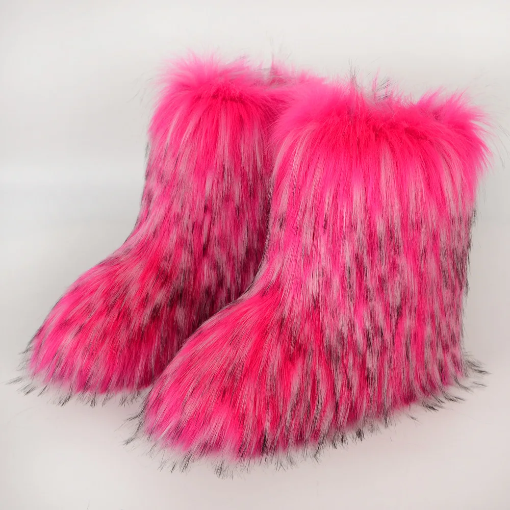 European and American flat heel high top Faux Fur Boots warm winter deep mouth round head medium tube fox fur snow boots