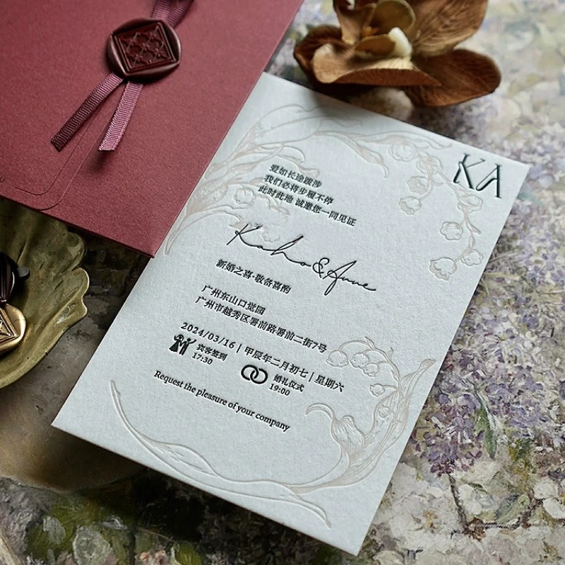 French Wedding Invitation Customized Engraved Cards with Bellflower Design for Invitation Letter