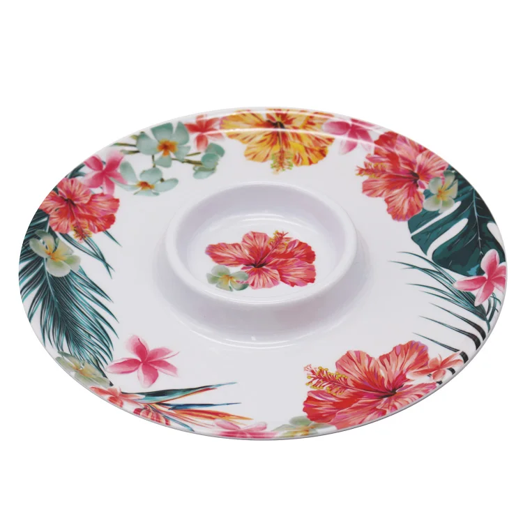 Оптовая продажа круглая сервировочная тарелка из меламина в цветочном стиле для ресторанов и вечеринок Набор круглых тарелок закусок