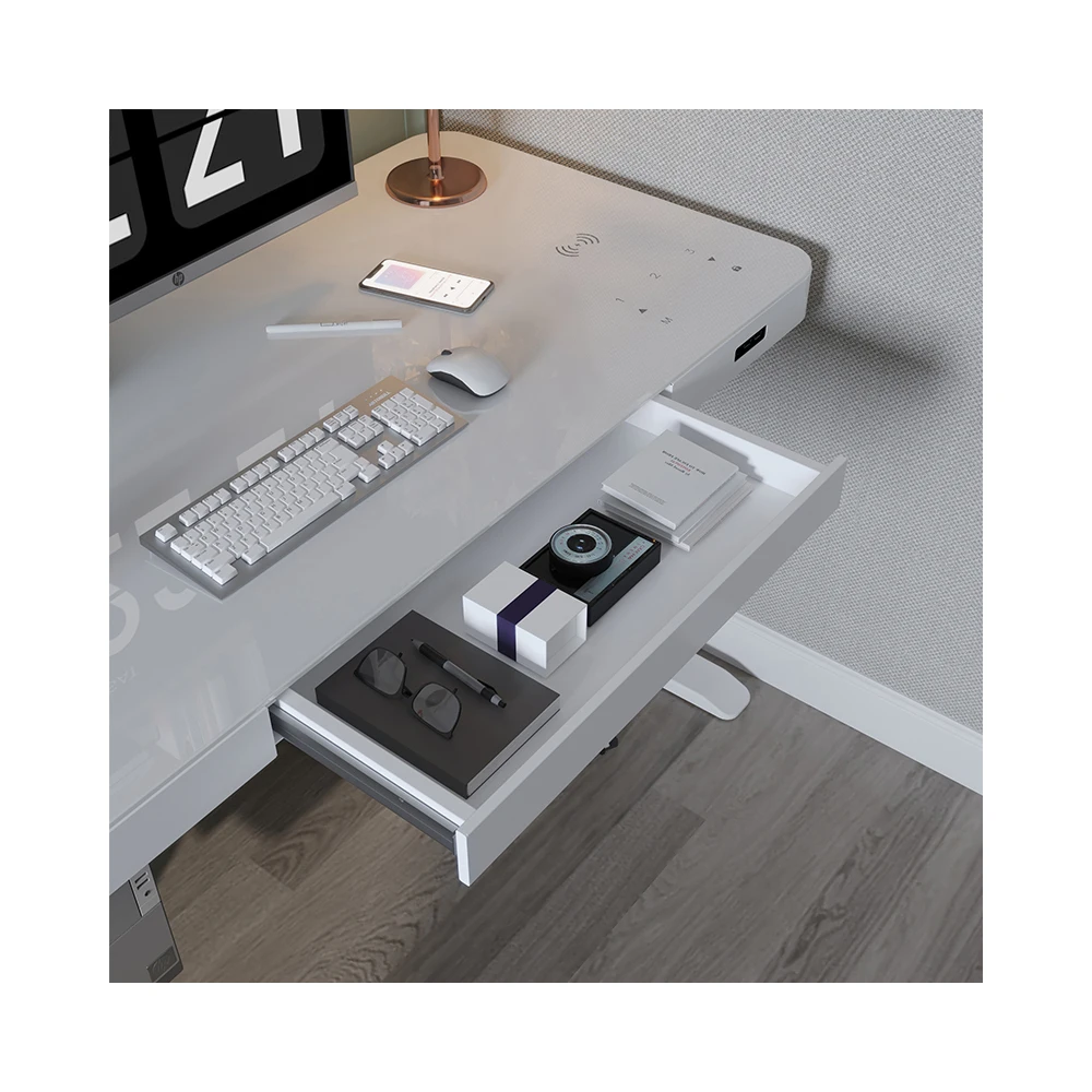 Popular Glass Tempered Desktop Height Adjustable Sit Stand Desk Computer Lift Table With Fast Charge And Drawer