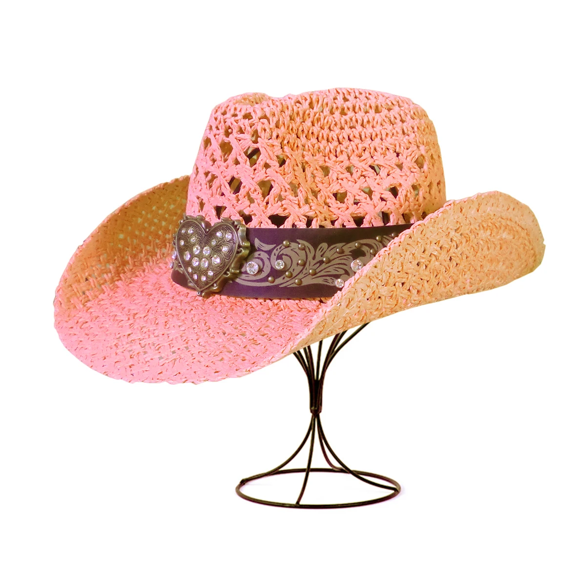 High Quality Women Paper Straw Pink Cowgirl Hat Shapable Brim Sombreros Party Fashion Straw Cowboy Hat