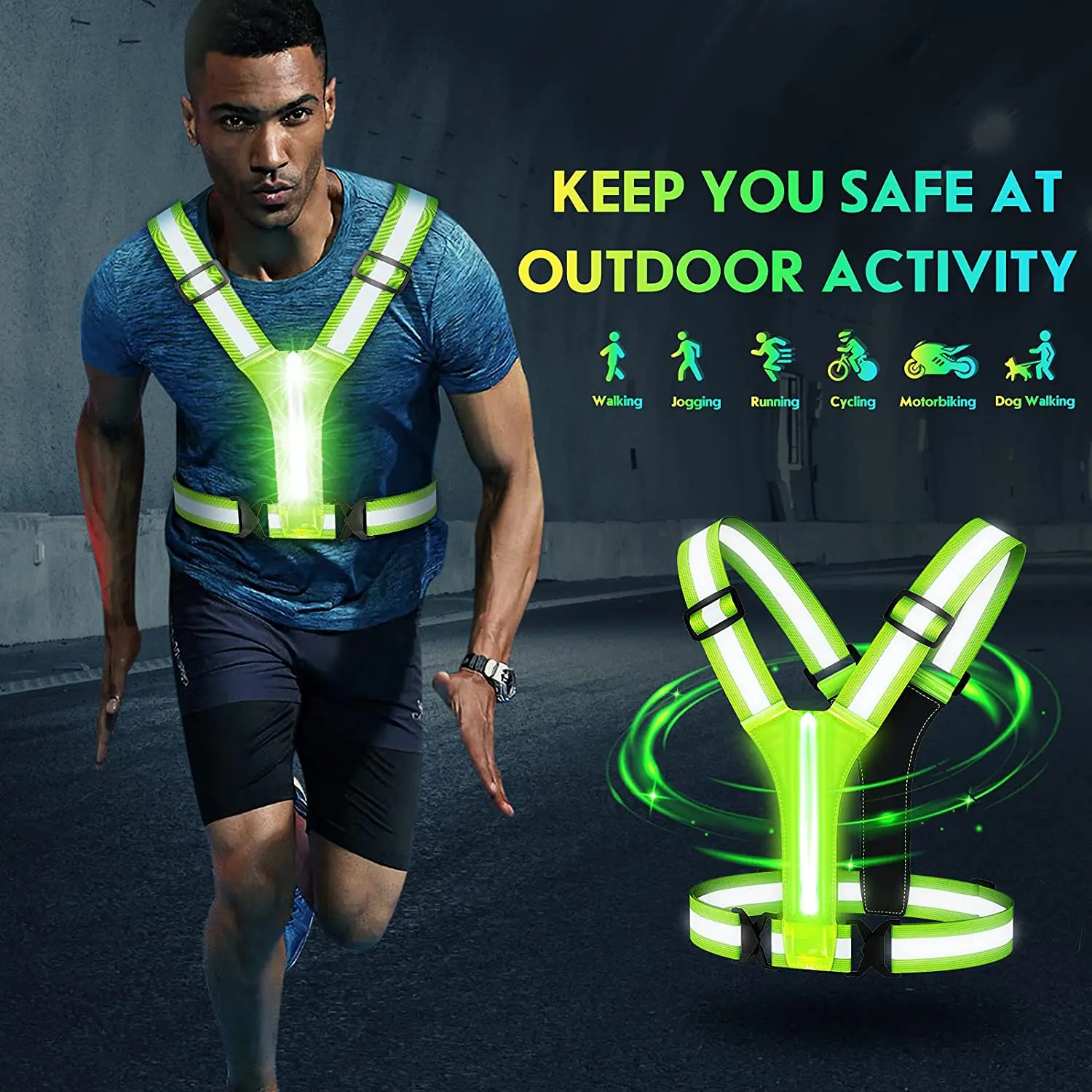 Amazon Hot Sell USB Charging Lightweight 3 Modes Led Running Safety Reflective Vest LED USB Night running lights for runners