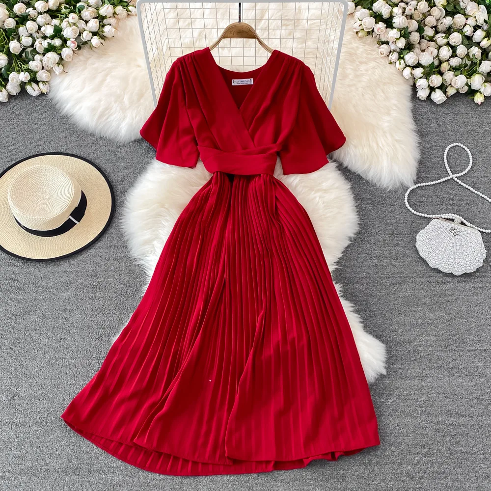 summer short sleeve evening Vintage V neck dress fashion Casual pleat high waist dresses for women