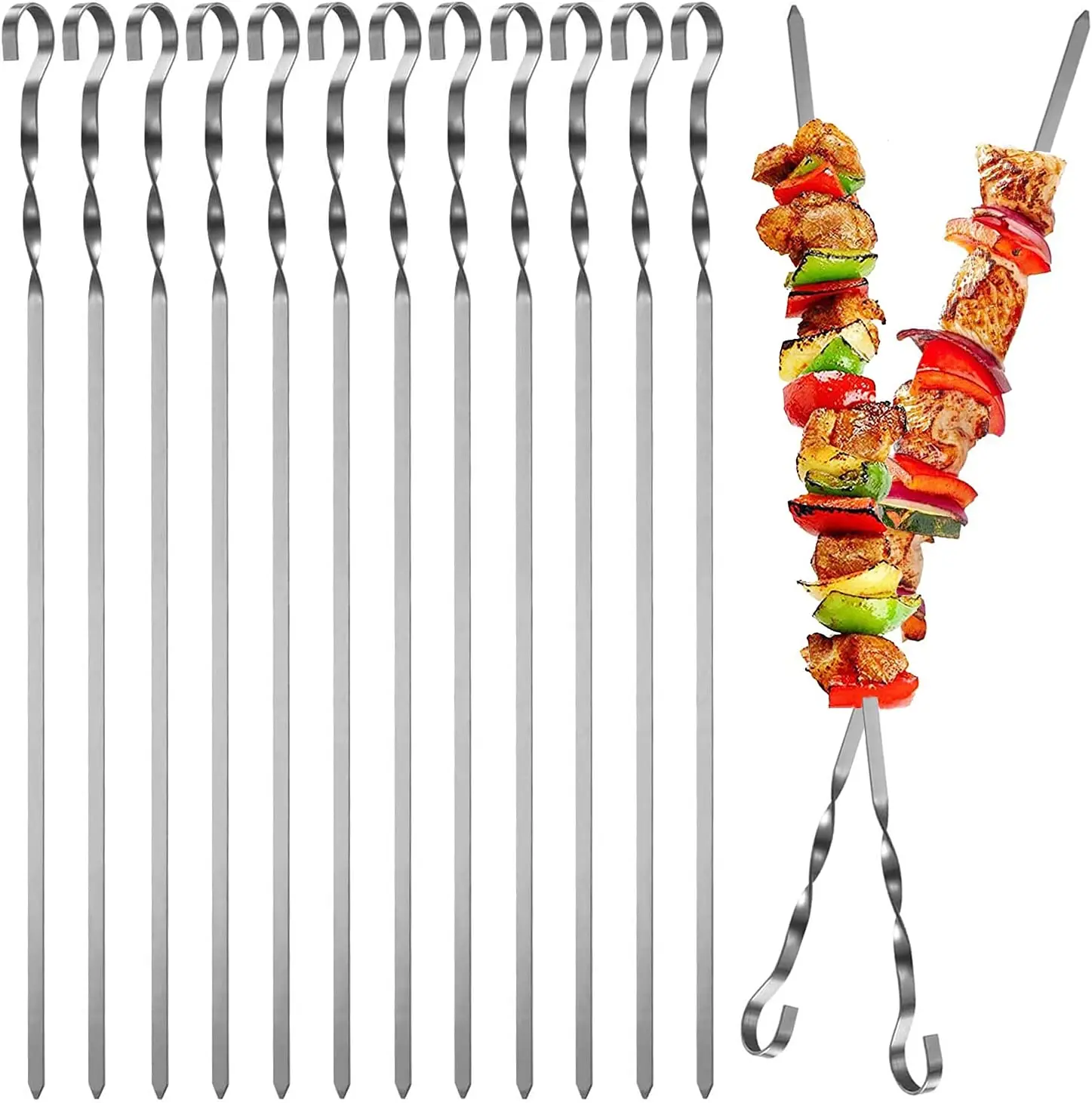 12PCS Stainless Steel BBQ Kebab Meat Skewers Set, Flat Barbecue Shish Kebab Stick for Meat Vegetables