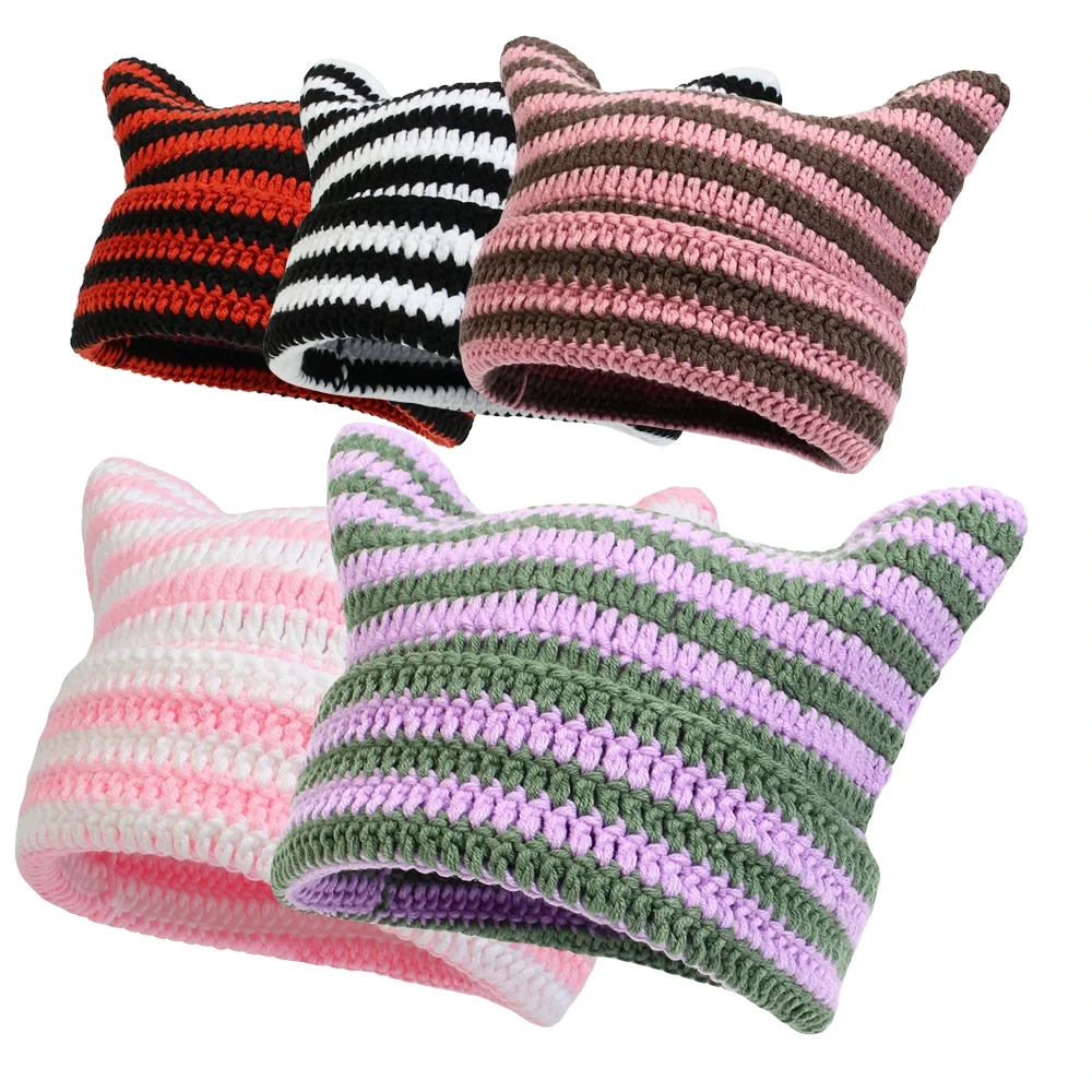 Striped Y2K Gothic Knitted Cat Ear Little Devil Crochet Hat Women  Winter Fox  Slouchy Beanie Female Caps