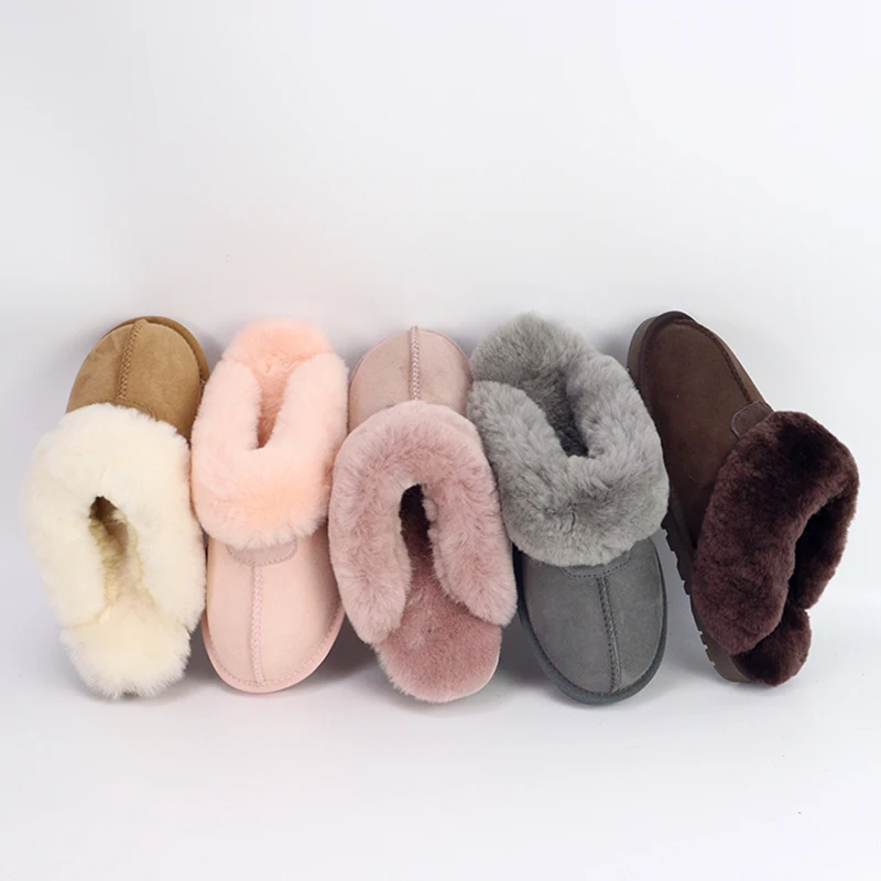 Custom Classic Cozy Indoor Winter Genuine Shearling Scuff Australian Sheepskin Slides House Slippers Factory