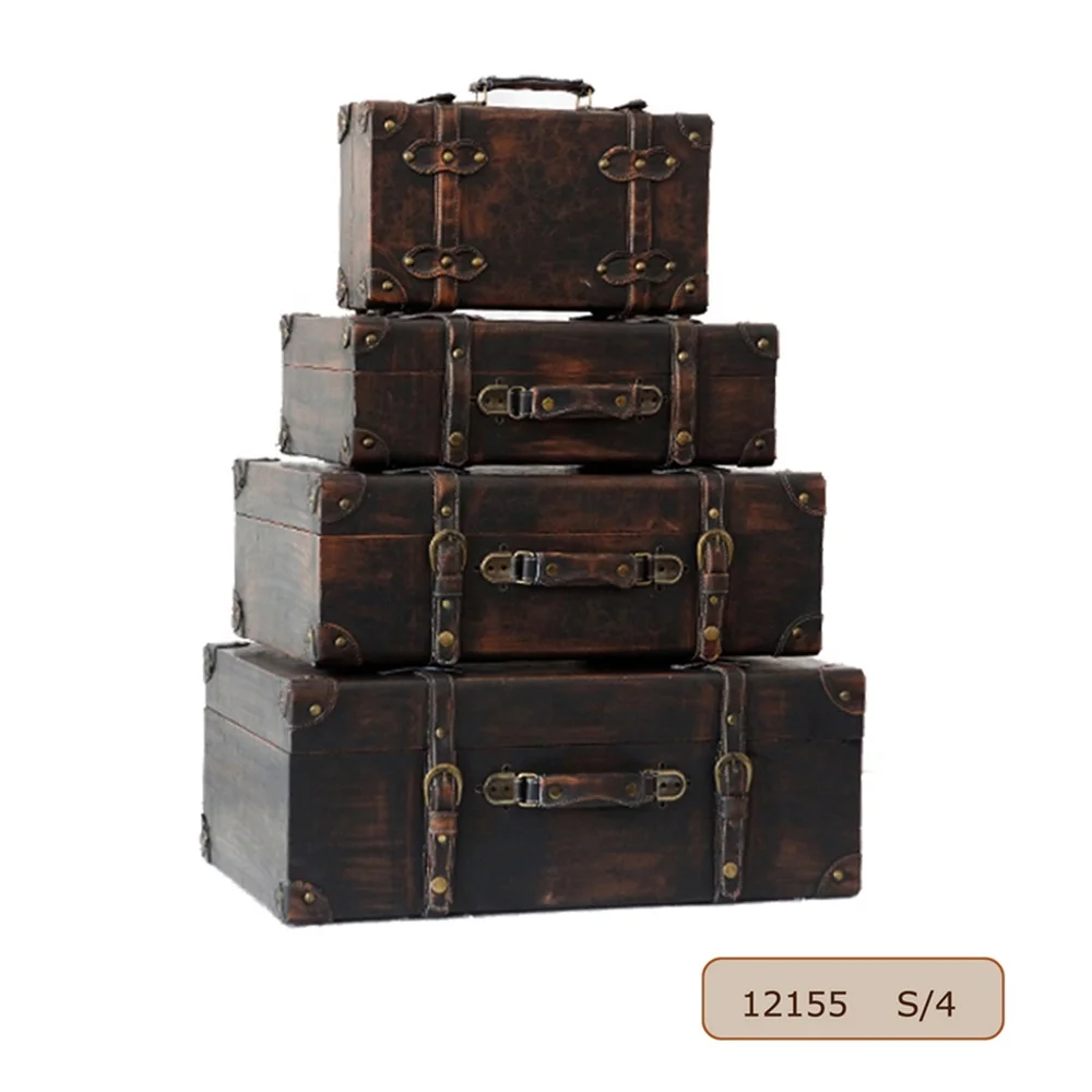 Wooden Vintage Brushed PU Leather/Burnish PU Leather Luggage Suitcase Chest Sets