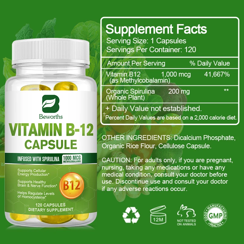 60pcs Vitamin B12 Softgel Capsules Nerve Brain Health Supplements Infused with Organic Spirulina