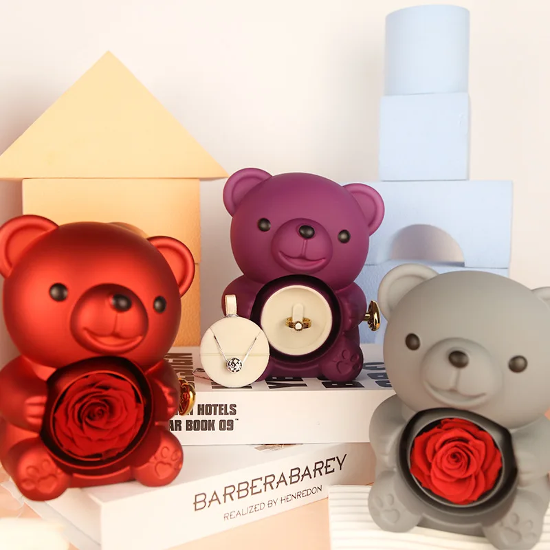 2024 New Eternal Real Rose Box Rotating Teddy Bear Ring Box With Preserved Roses Or Soap Roses For Valentine Day Gifts