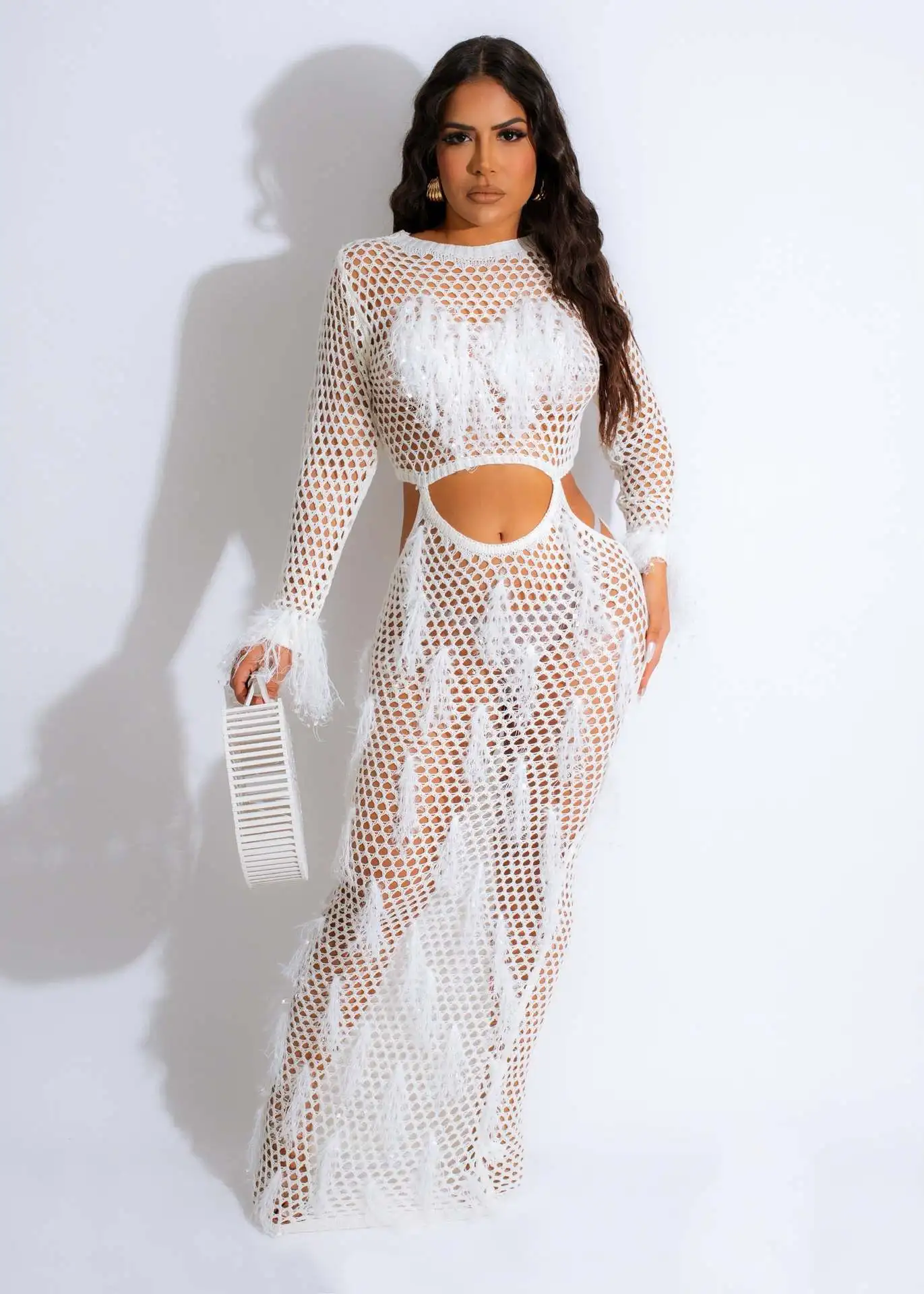 GX8691 Fashion Street Party Wear Boutique Long Sleeve Knitted Hollow Beach Dresses Tassel Sequin See Through Crochet Long Dress