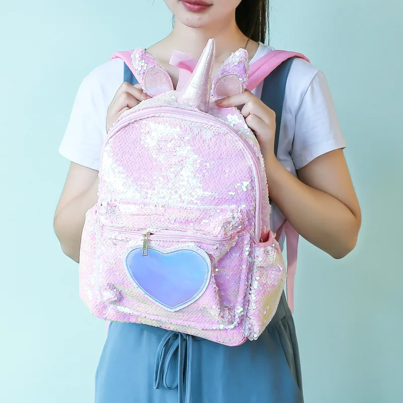 Cute Large capacity  Unicorn Sequins Bling heart shaped Backpacks fashion shining Girls Backpack School Bags mochilas wholesales