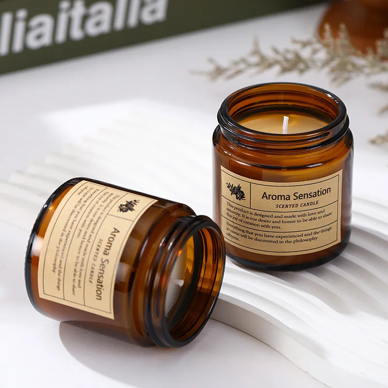 Soy Wax Private Label 200g Amber Glass Jar Scented Candle Natural Soy Wax with Floral Pattern for Home Decoration