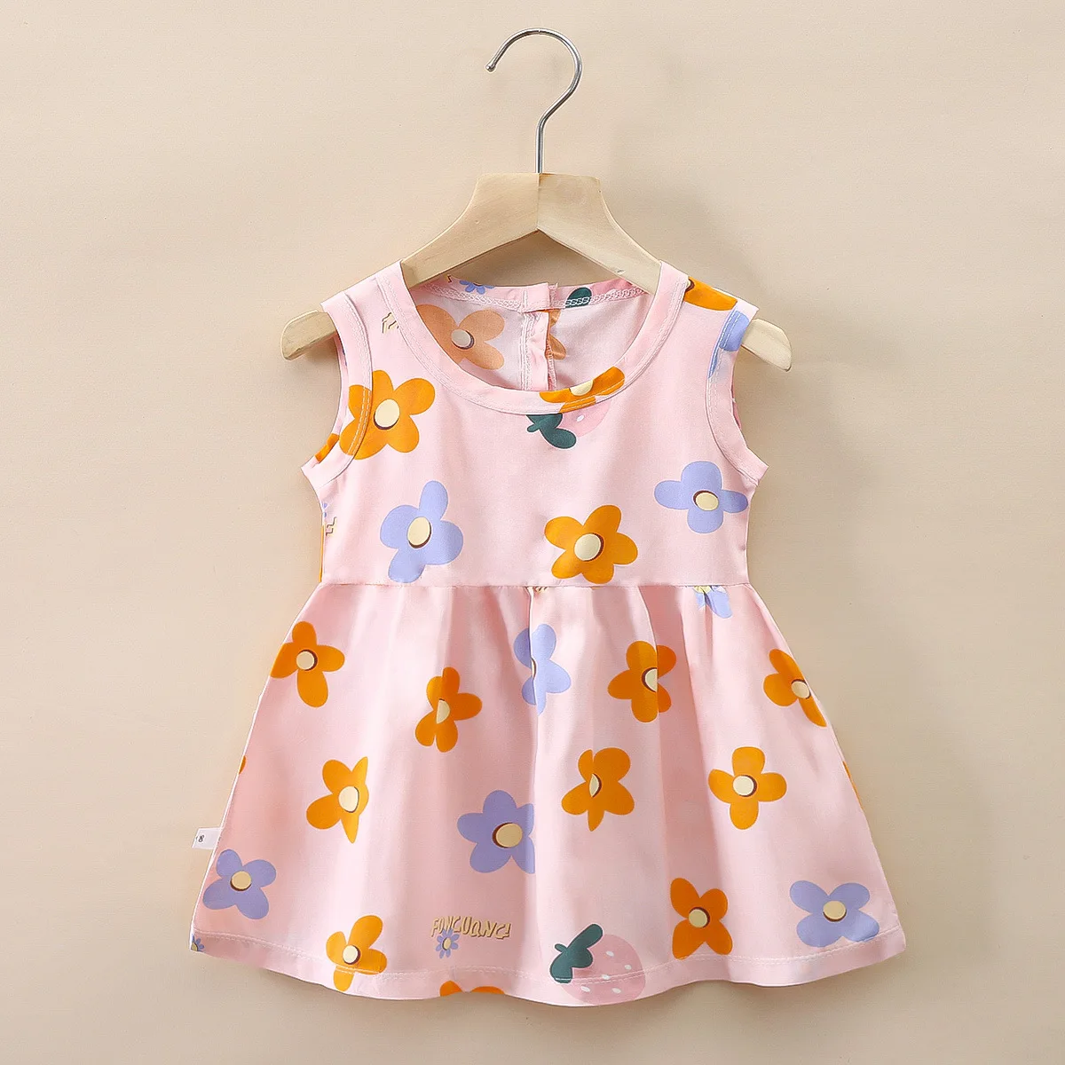 Wholesale Cute Summer O-Neck Sleeveless Baby Girls Dress Pink Flowers Printed Soft Toddler Baby Dresses 9-12 Months Custom Logo