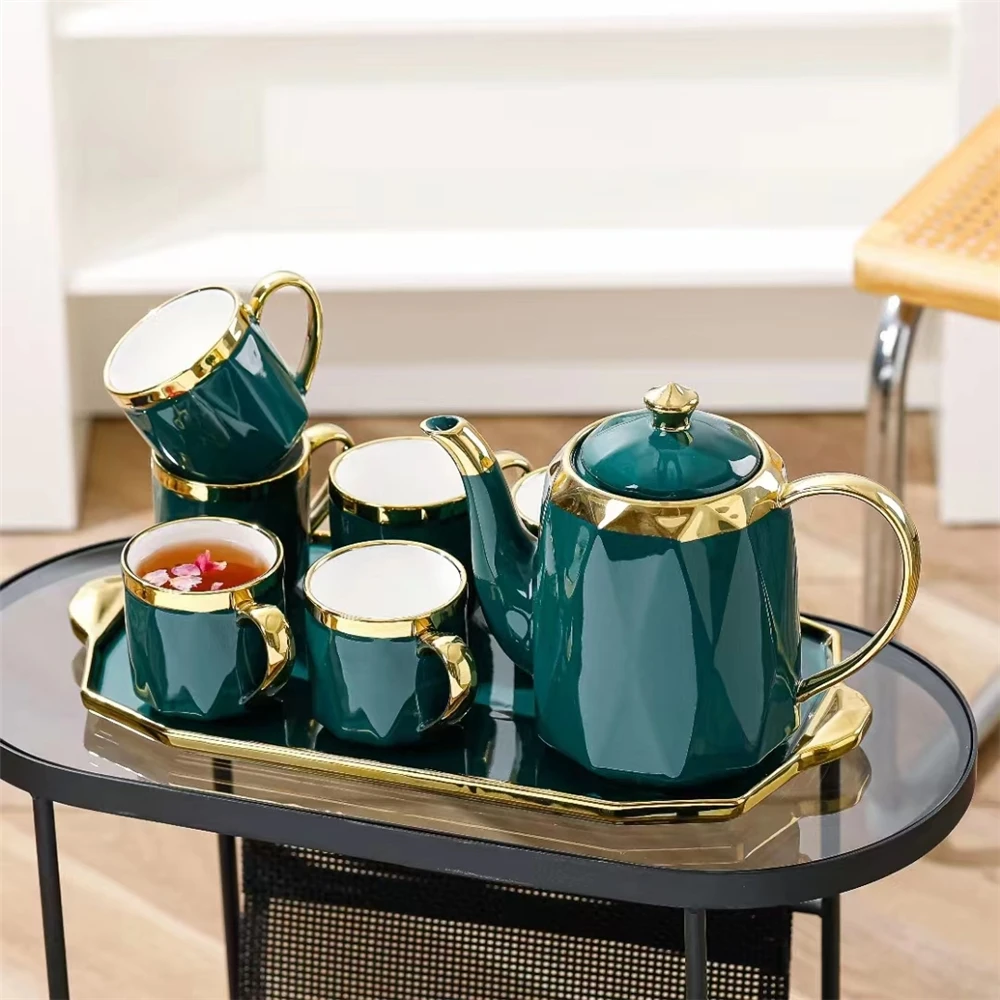 Luxury Style 6 Piece Tea Cup Set With Teapot And Tray Set Ceramic Tea Coffee Cup Set With Gold Trim Handle And Cup Edge