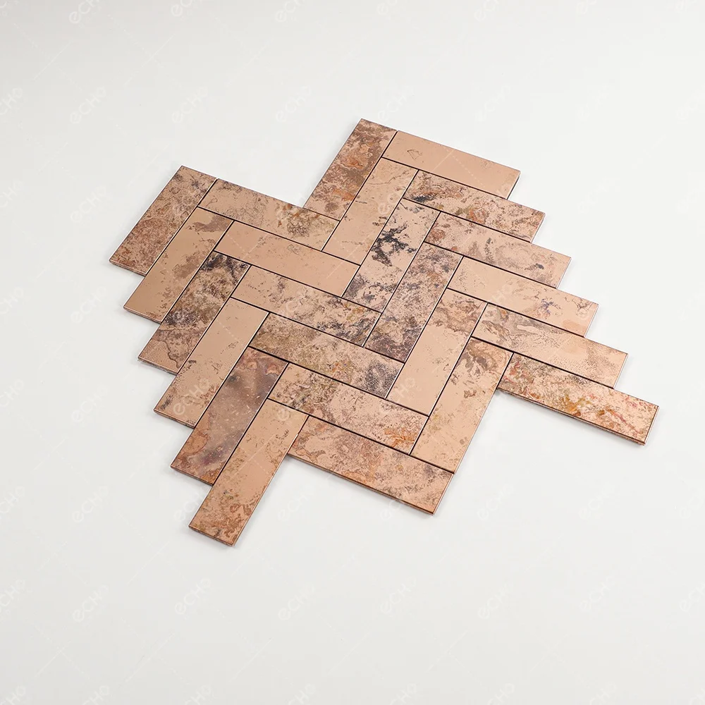 Herringbone Distressed Metal Aged Rust Copper Stainless Steel Peel and Stick Mosaic Tiles