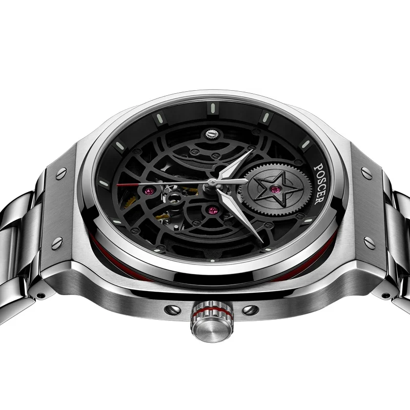 Luxury 304 stainless steel watch skeleton design square style dial sapphire glass automatic mechanical watch for men