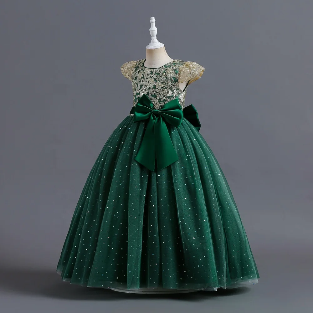 Fashion Satin Top Applique Sequins Short Sleeve Fluffy Tulle Kids Gown Children Wedding Party Little Flower Girls Dresses