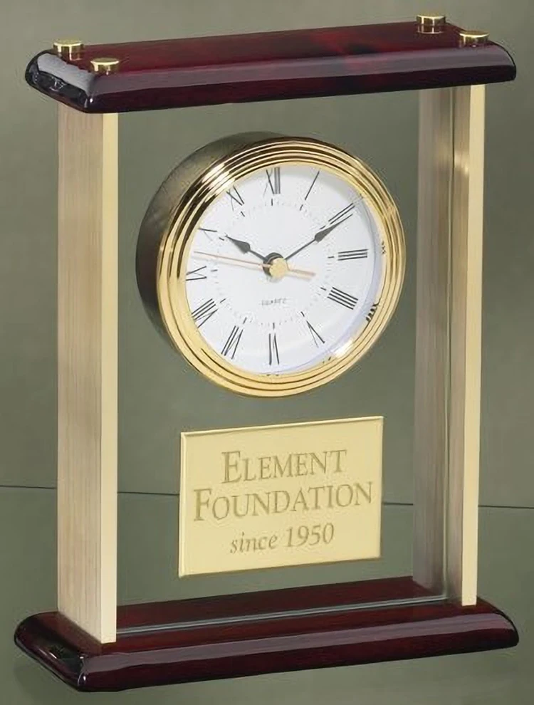 Personalized Gift Engraved Logo Enclosed in Glass Gold Brass Desktop Clock