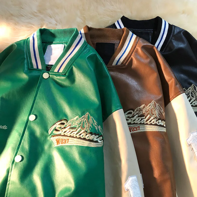Cheap Custom Color Matching Baseball Jacket High Quality American Retro Pu Leather Embroidery Letterman Varsity Jacket