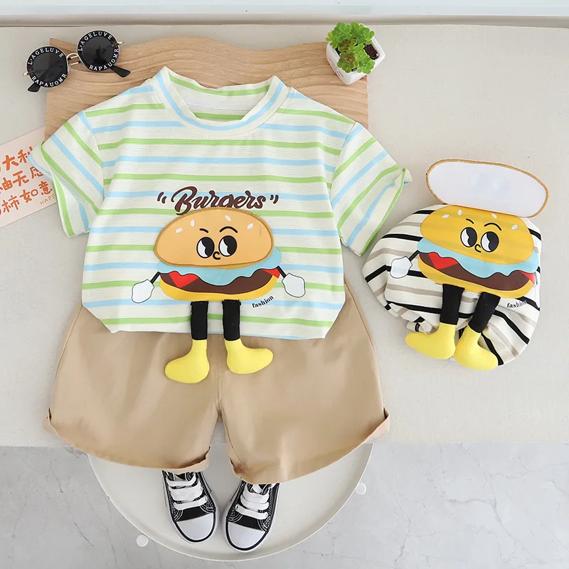 Baby Boy Summer Cute Cartoon Stripe Design T-shirt Cotton Short Clothing Two-piece Sets